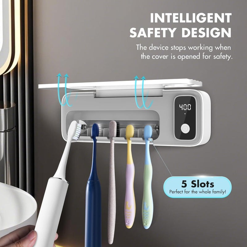 AuntyFey Sanitizeri Toothbrush Cleaner with 5 Slots, Smart Sanitizeri Toothbrush Holder Organizer, Cordless No Drilling Wall Mounted Rechargeable Holders for Bathroom Family, 200/400s Timer Function - Image 3